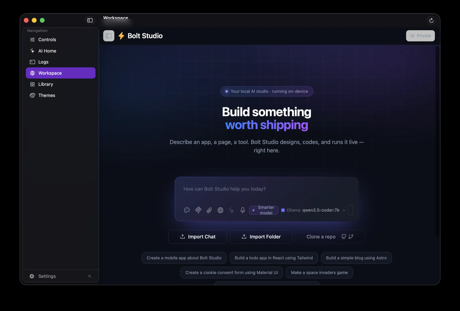 The bolt.diy workspace embedded in a native macOS window, running an on-device model