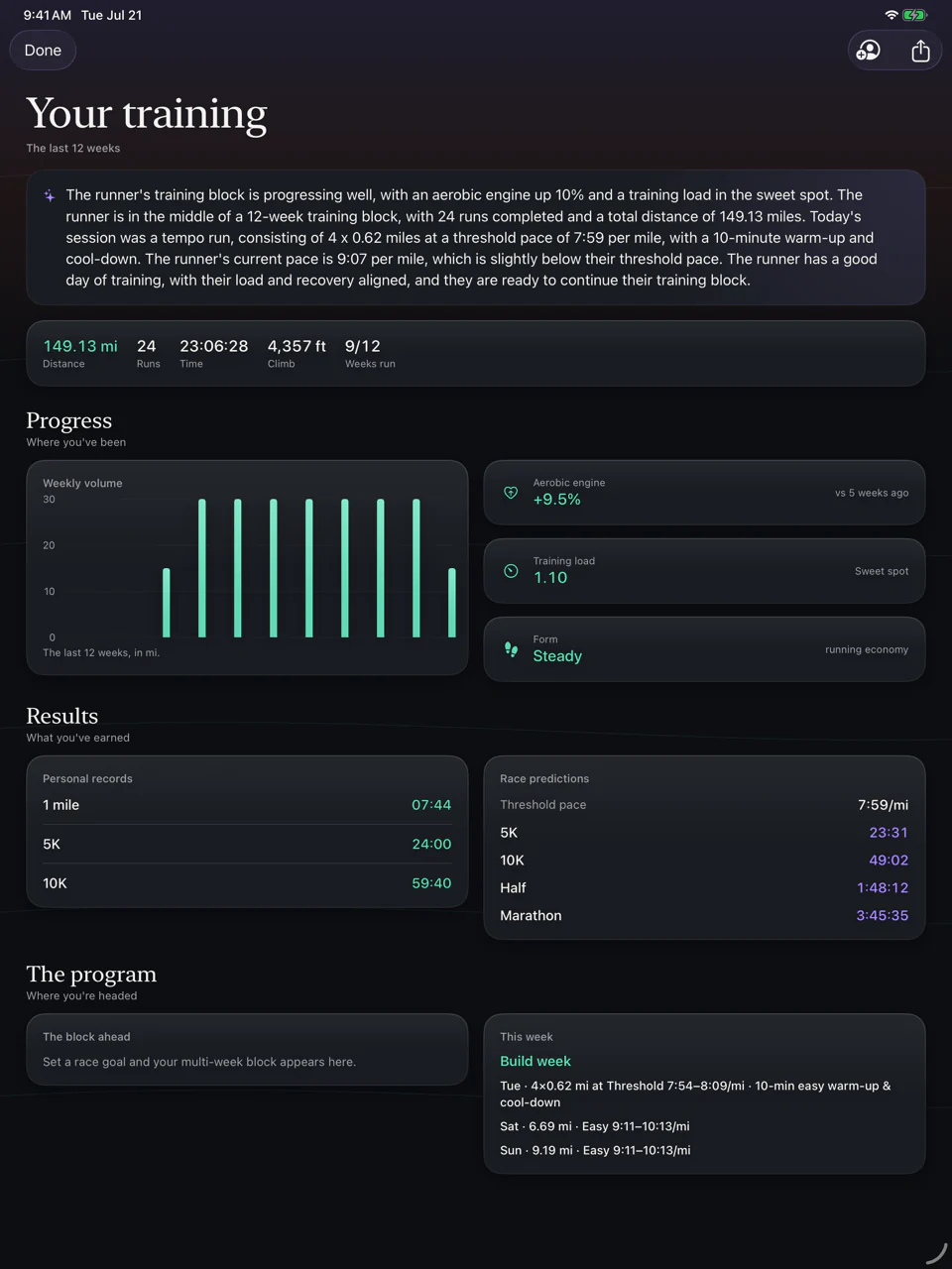 Training review on iPad: a full-width dashboard of volume, records and race predictions